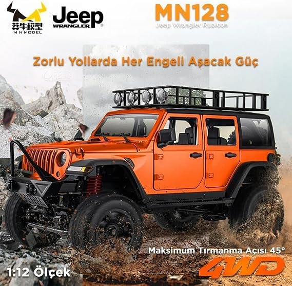 MN Model MN128 1/12 Jeep Wrangler Rubicon 4WD RC Model Crawler Offroad Truck Uzaktan Kumandalı Araba RTR Turuncu+Dahili Işık Seti MN-128