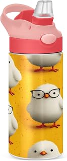 Chick Pattern with Glasses Insulated Water Bottle with Straw Handle for Kids 12 OZ Stainless Steel Vacuum Insulated Cup for Hot and Cold Drinks Travel Tumbler for Toddler Girls