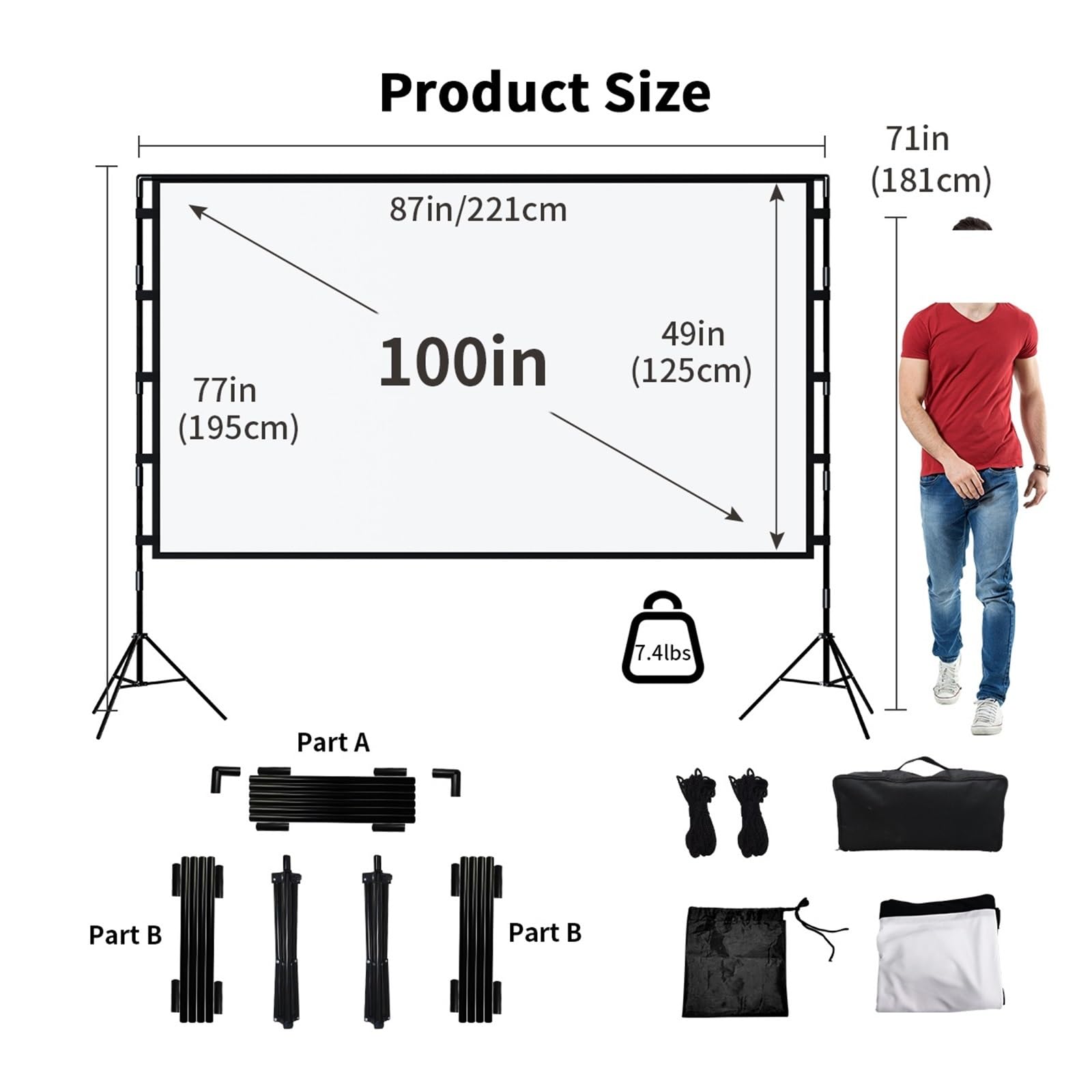 Projektionswände, Doppelstativ, faltbar, weiß, Keine Falten, mit Tratasche vorne und hinten, weiche Seiten, Projektionsleinwand for den Außenbereich(100 inch)