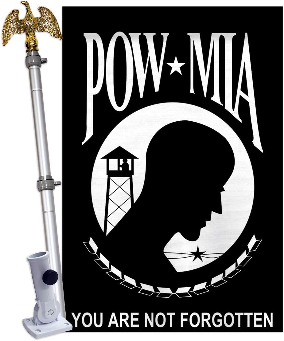 Two Group HS108016-P2-02 POW/MIA Americana Military Applique Decorative Vertical 28" x 44" Double Sided House Flag Set Aluminum Pole & Bracket Hardware