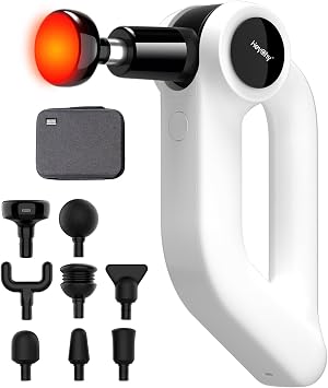 HEYCHY Deep Tissue Massage Gun with Heat, 12mm, 8 Heads, White | FSA Eligible HSA Approved. 90 rotating arm with 5 speeds and 4 modes for athletes, runners, office workers and home use.