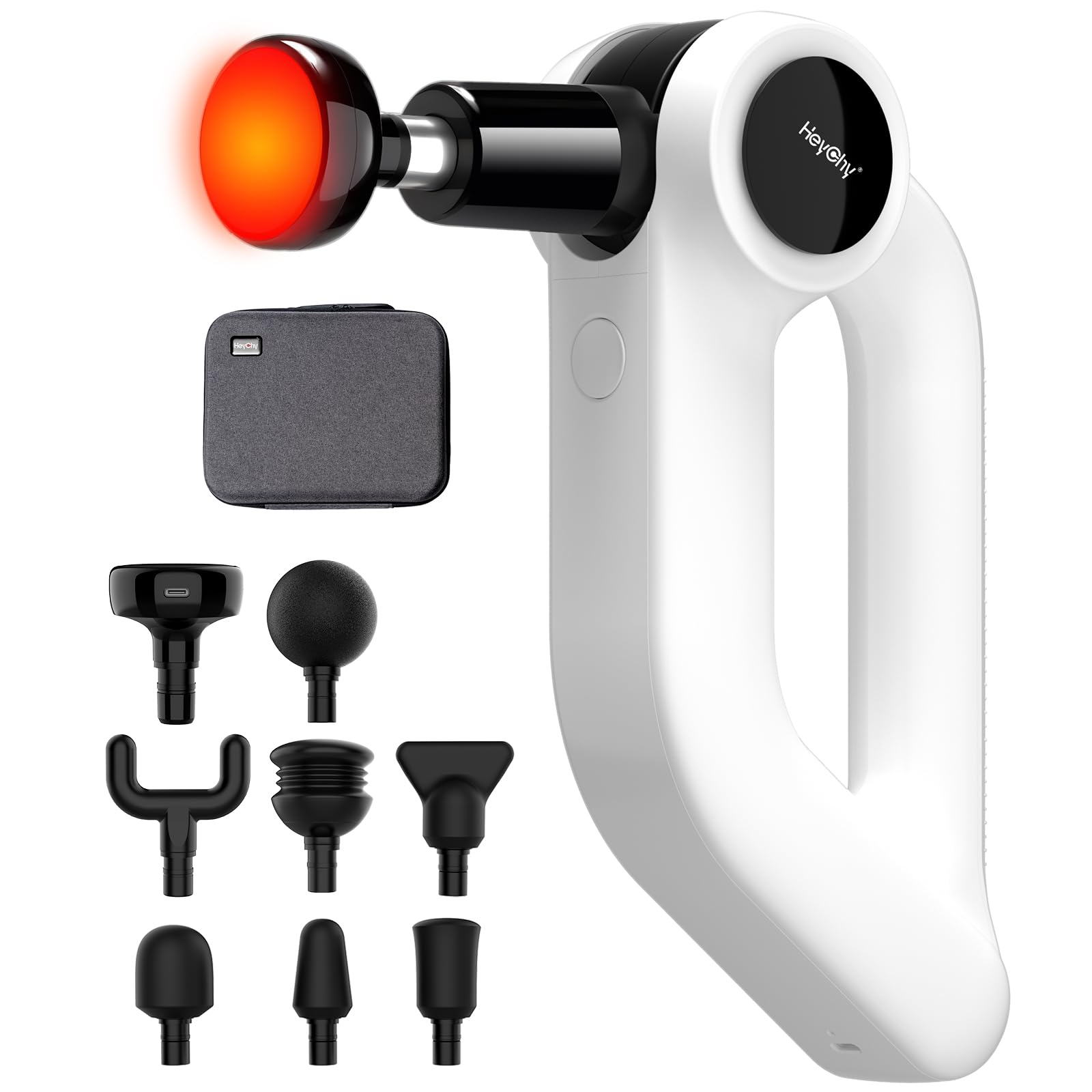 Pistola de masaje con calor, masajeador de percusión de tejido profundo para aliviar el dolor, amplitud de 12 mm, 5 velocidades y 8 accesorios, ideal para recuperación muscular, pierna de hombro