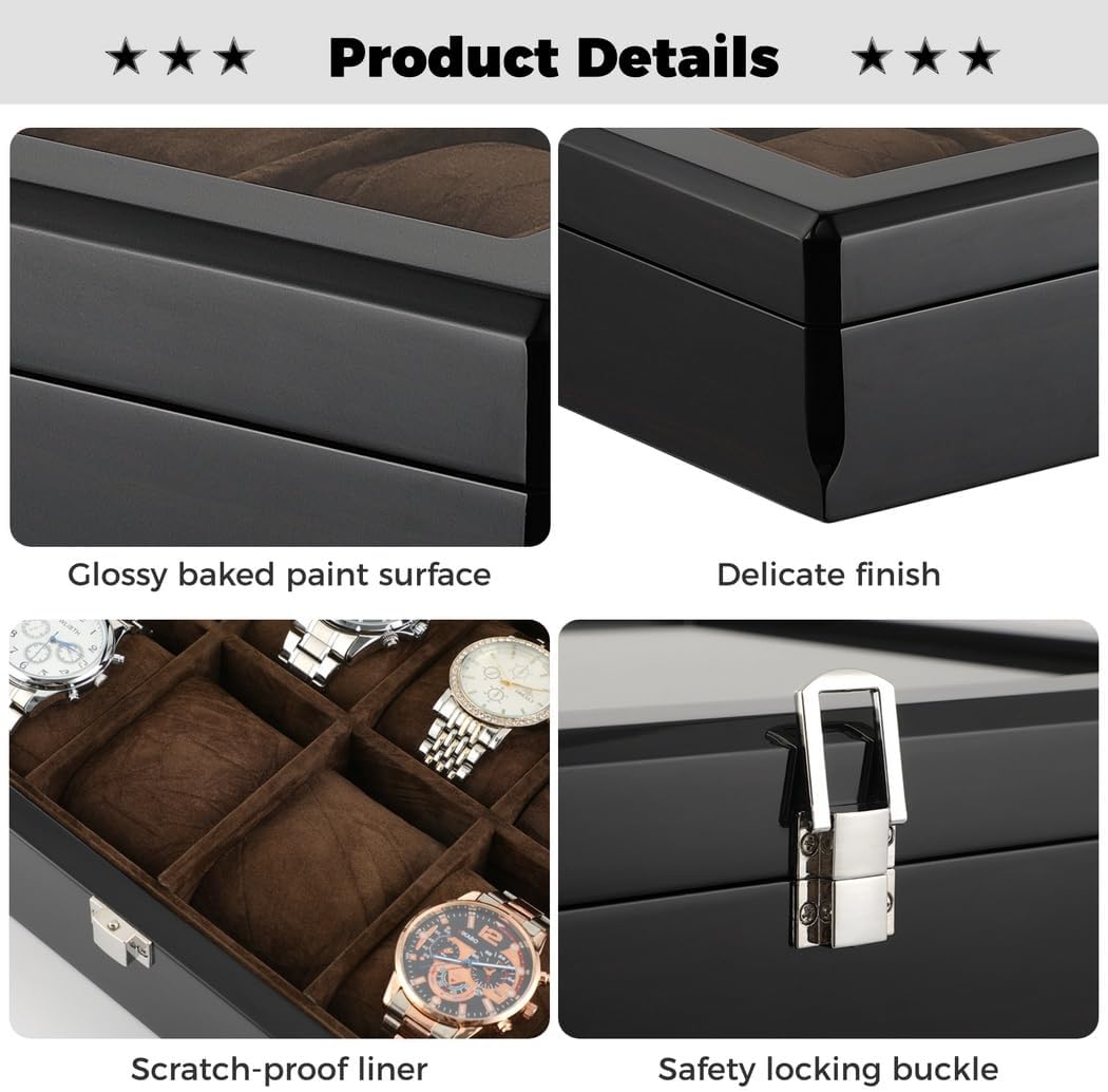 8 Slot Wooden Watch Box, Men's Watch Organizer with Glass Top, Luxurious Lacquered Finish Display Case, Classy Watch Gift Box for Men, Christmas, Father's Day