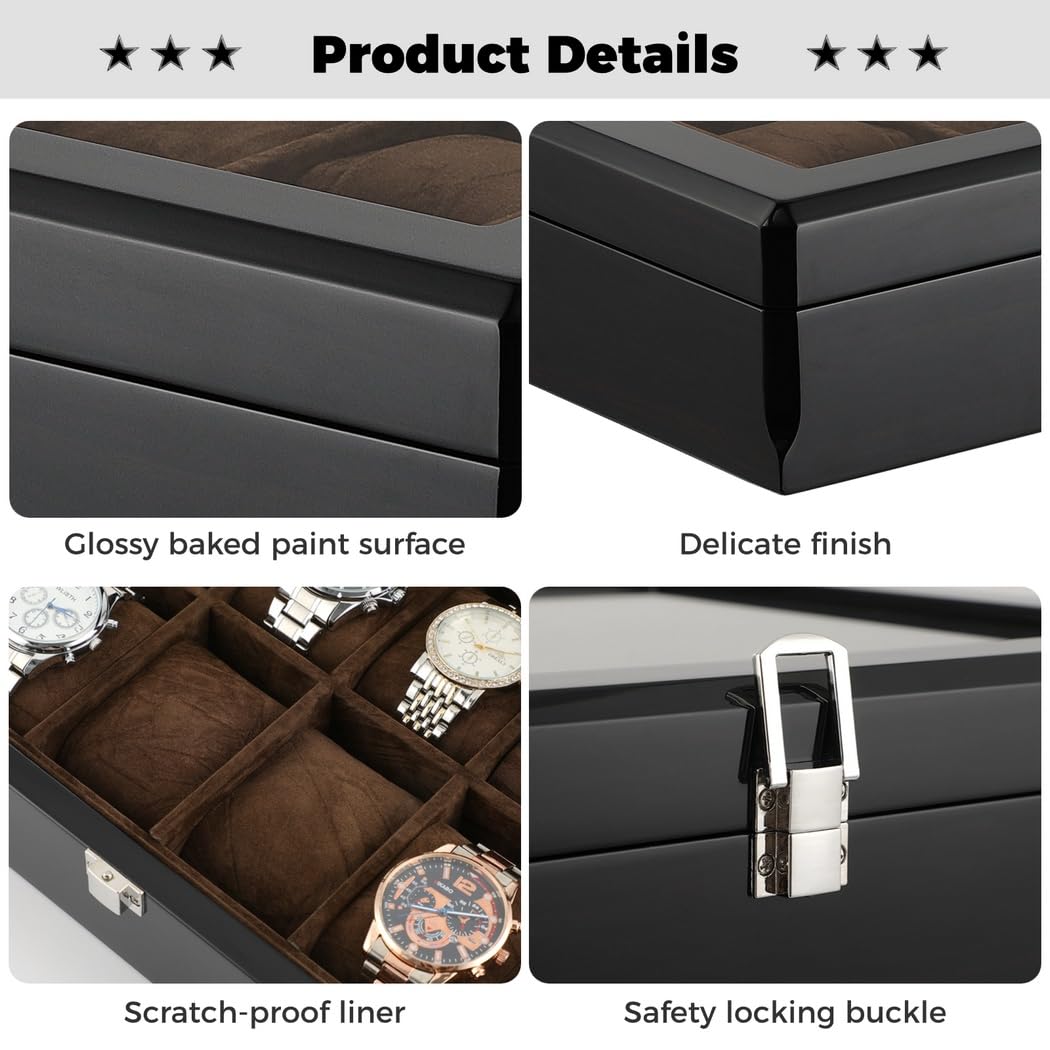 Caja de reloj de madera, organizador de relojes para hombre de 8 ranuras con parte superior de cristal, vitrina de madera lacada brillante, elegante caja de regalo para hombres, regalo del