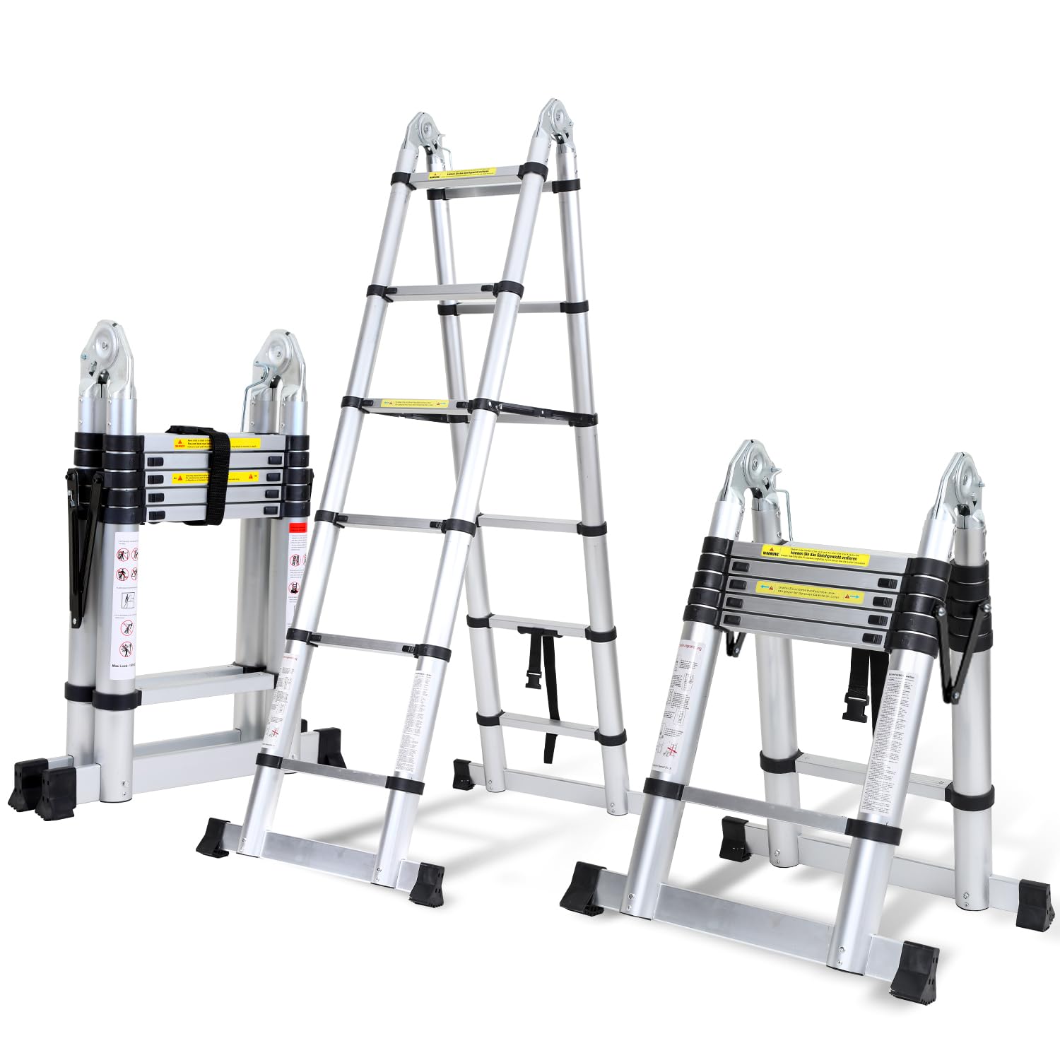 Fiqops Escalera telescópica Plegable de Aluminio multifunción 3.8 m (1,9 m + 1,9 m), portátil, Carga máxima de 150 kg, Antideslizante, Color Plateado