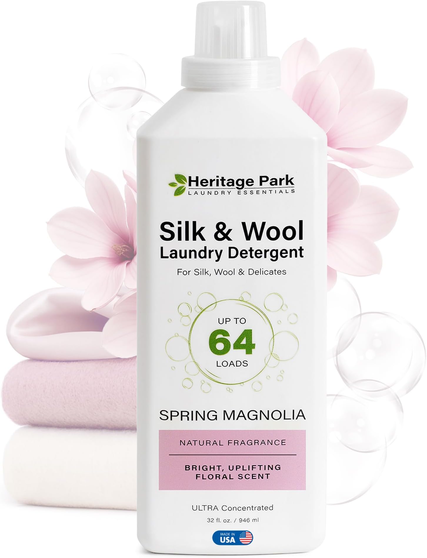 Heritage Park Silk & Wool Spring Magnolia Floral Scent, pH-Neutral Laundry Detergent – Enzyme-Free, Concentrated Up to 64 loads (32 fl oz)