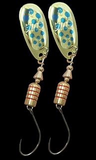 Pack | 2 Cucharillas Giratotrias de Pesca para Spinning EVIA Dotty 11 Nº3, 6,4 g, Color Oro con Pintas Azules, Trucha, Perca, Bass y Pesca en Río o Embalse, Anzuelo Simple sin rebaba