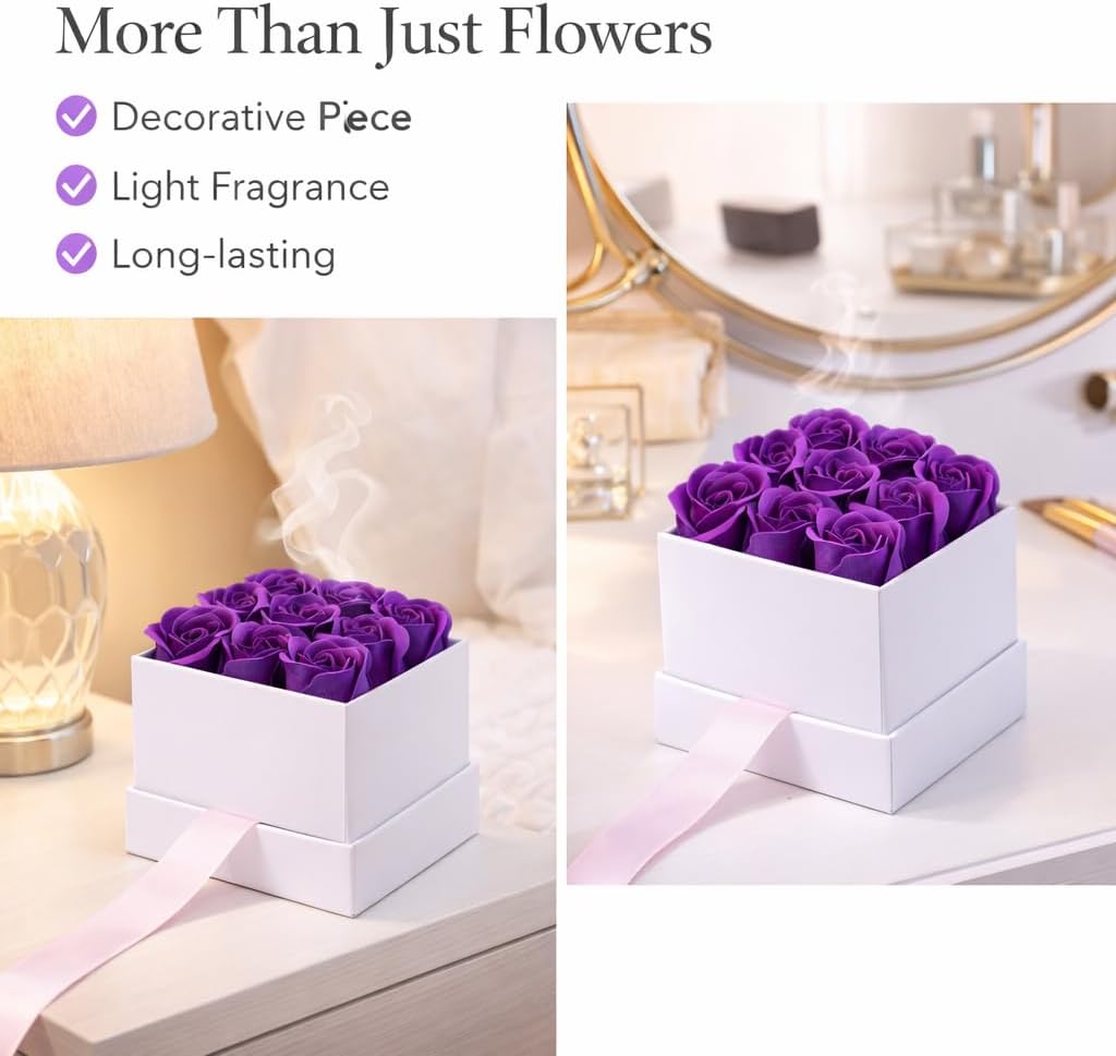 Soap Flower Gift Box, 9 PCS Purple Rose Bouquet with Elegant Gift Box, Long Lasting Artificial Roses, Romantic Gift for Women, Mom, Wife, Birthday, Valentine’s Day, Anniversary