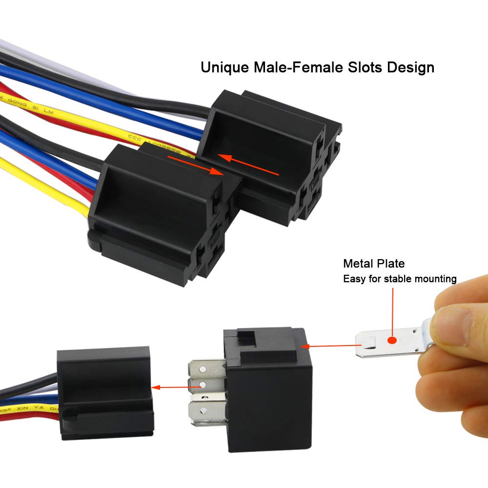 5 Pieces 5 Pin Car Relay, 12V 40A SPDT Automotive Relay with Harness Socket and 14/16 AWG Pre-Wired, for Car Truck Boat (Black)