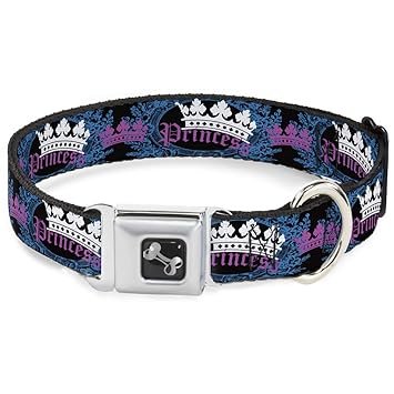 Buckle-Down Seatbelt Buckle Dog Collar - Crown Princess Oval Black/Turquoise - 1
