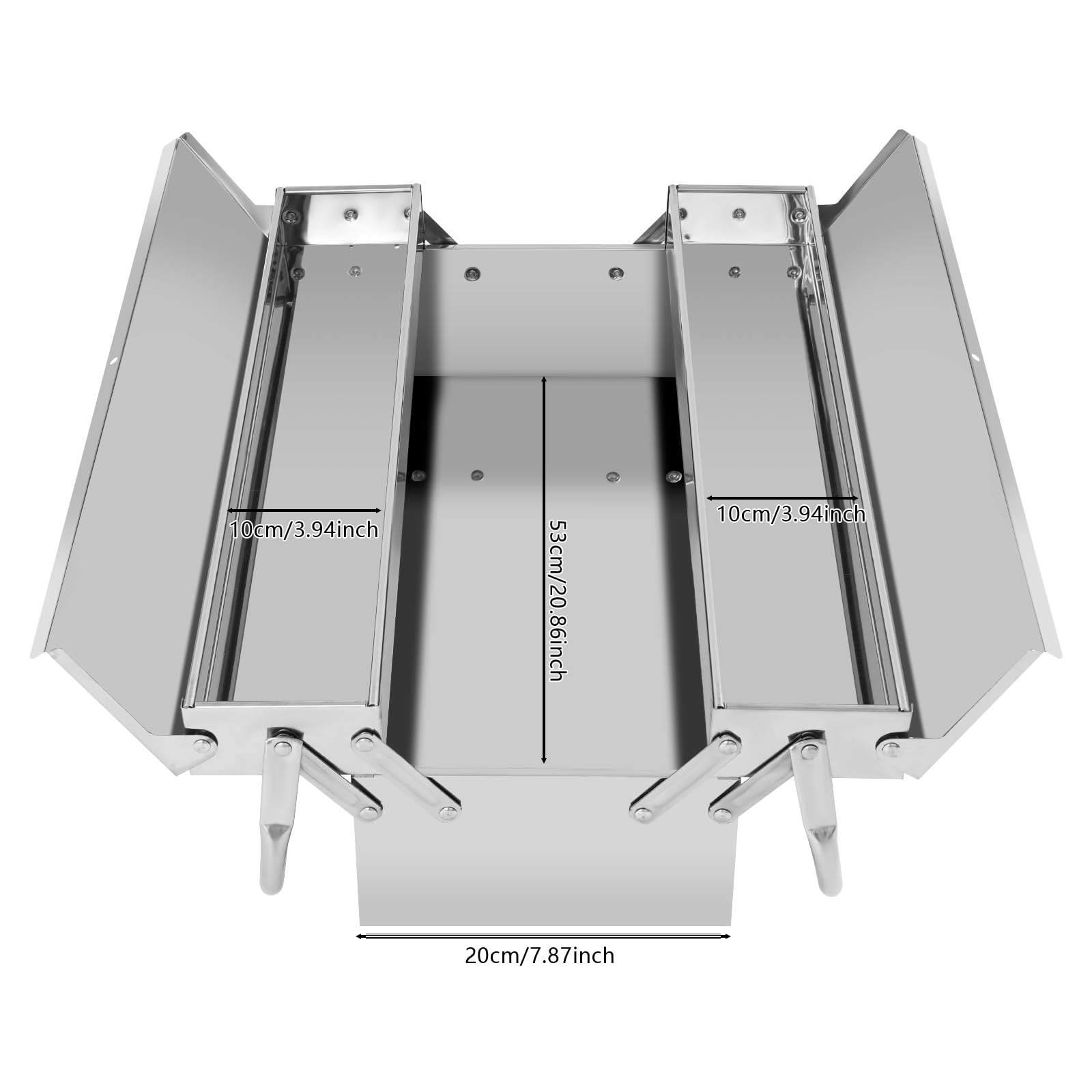 Caja de herramientas profesional vacía multifuncional caja de herramientas de metal para ahorrar espacio, 2 niveles, caja de herramientas portátil con 2 compartimentos plegables y asa, 53,5 x 20 x 16