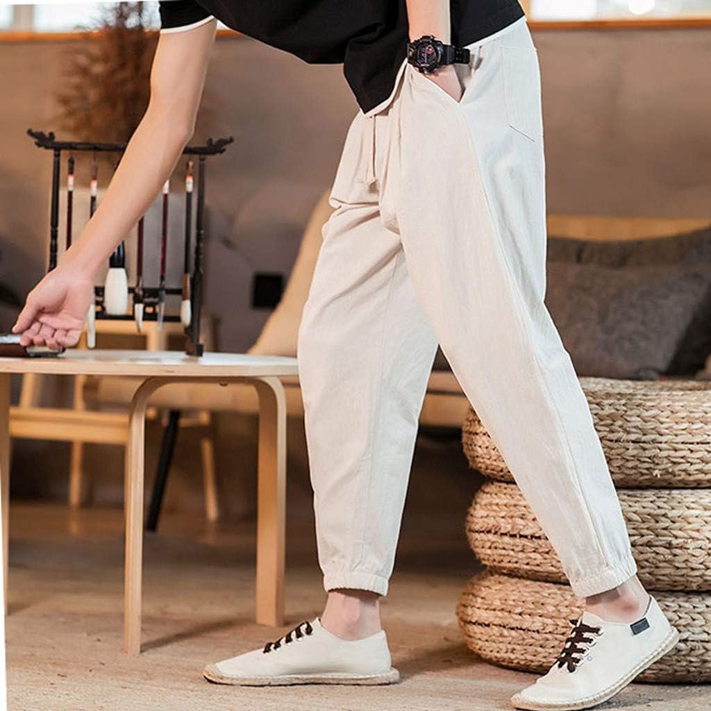 Mens Linen Cotton Joggers Loose Vintage 
