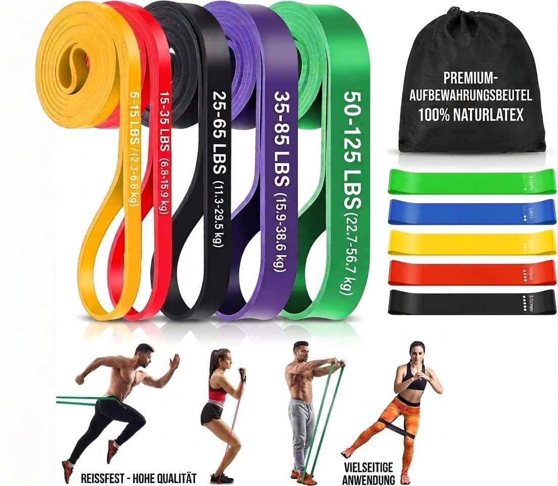 Lot de 12 bandes de résistance pour entraînement de musculation avec ancrage de porte et poignées - Bandes de fitness et de gymnastique pour physiothérapie, yoga, pilates, tractions - Pour homme et
