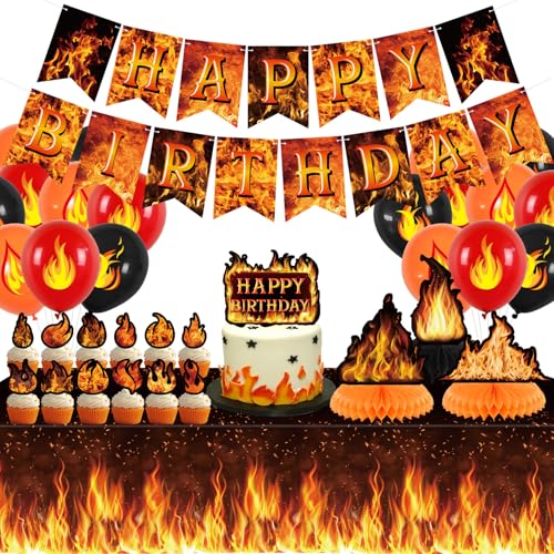 Fire Birthday Party Decorations, Fire Party Supplies include HAPPY BIRTHDAY Banner, Cake Toppers, Honeycomb Centerpieces, Tablecover, and Balloons for Flame Theme Party Baby Shower Supplies