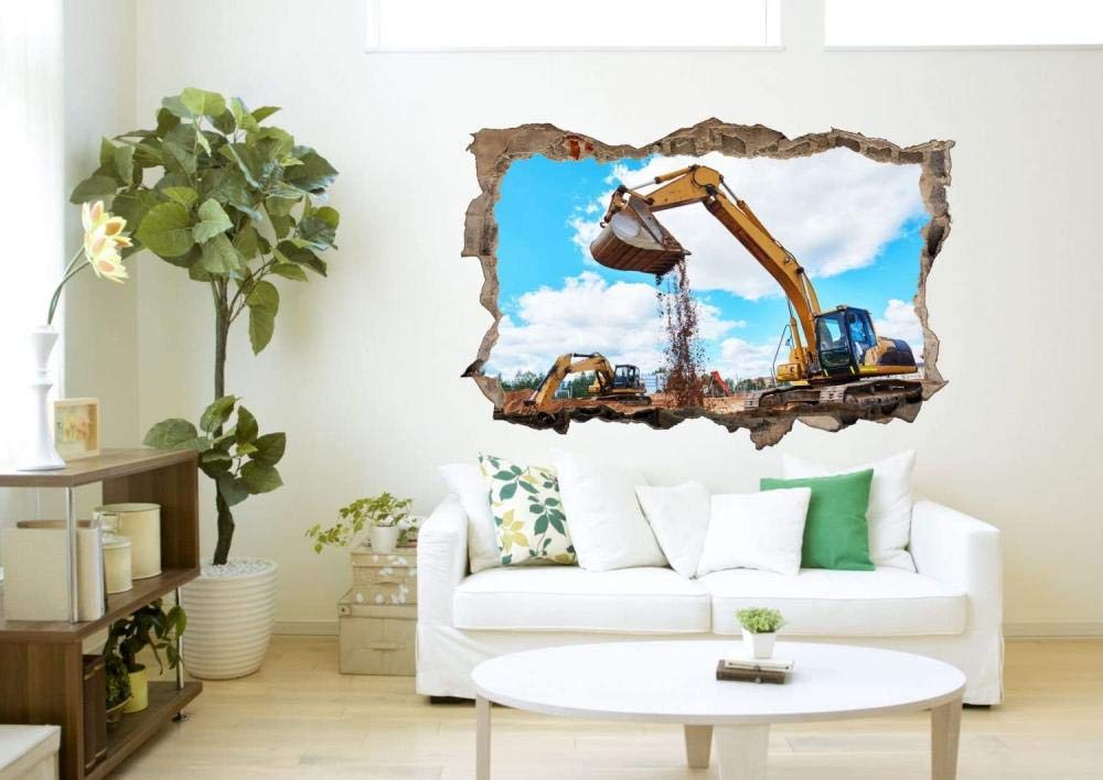 Wandaufkleber 3D Spiegel Ansicht Durchbrechen die Mauer Vinyl Wandsticker Bagger Baustelle Baumaschine Entfernbarer DIY Vinyl Wandtattoo für Wohnzimmer, Schlafzimmer,Kinderzimmer 80x120cm