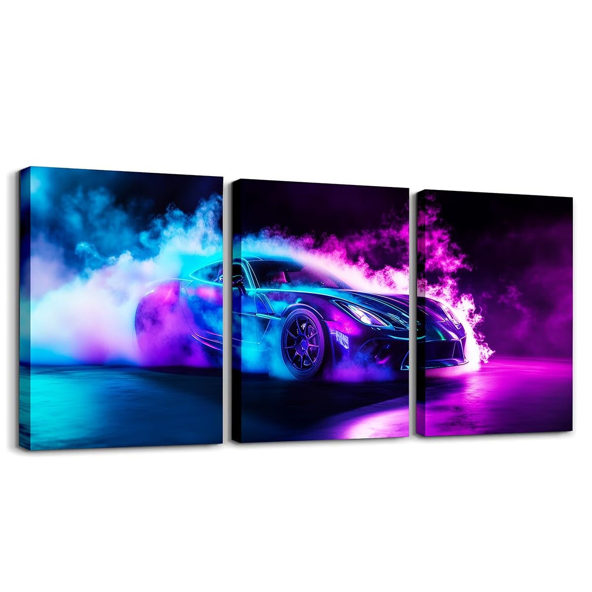 Boys,Cars Bedding Cars Canvas Wall Art Set of 3 Birthday Decorations,Purple Blue Race Car Wall Art,Cool Racing Car Decor,Extreme Sports Car Gaming