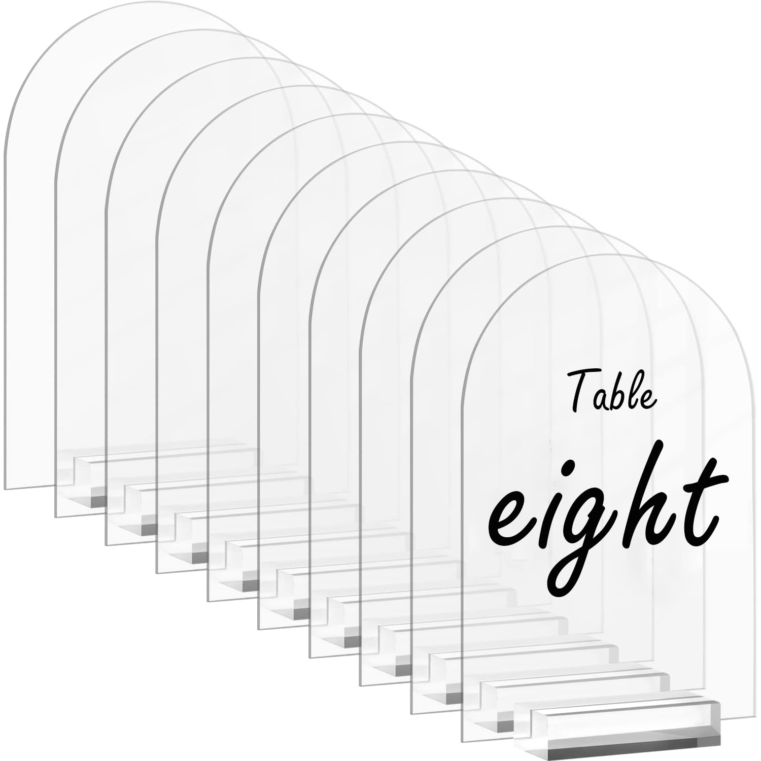 Paquete de 10 letreros acrílicos transparentes de 5 x 7 pulgadas con soportes, letreros de mesa acrílicos en blanco, hoja acrílica arqueada con parte superior redonda, letrero de arco acrílico en
