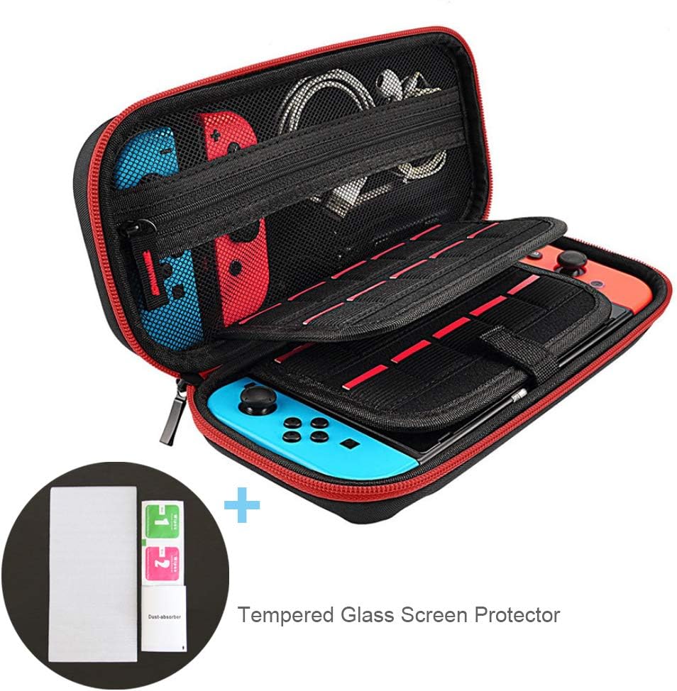 Carry Case & Screen Protector Compatible with Nintendo Switch, Protective Travel Hard Case (20 Card Holders, Large Capacity, No Stuck Zipper) + Tempered Glass Screen Protector (Red)