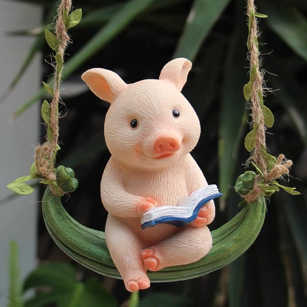 WAYUTO Swing Resin Pig Reading Garden Figurine Lovely Hanging Handcraft Animal Sculpture with Hanging Rope Outside Decoration Tree Hanging Decor for Home Corridor Courtyard Balcony
