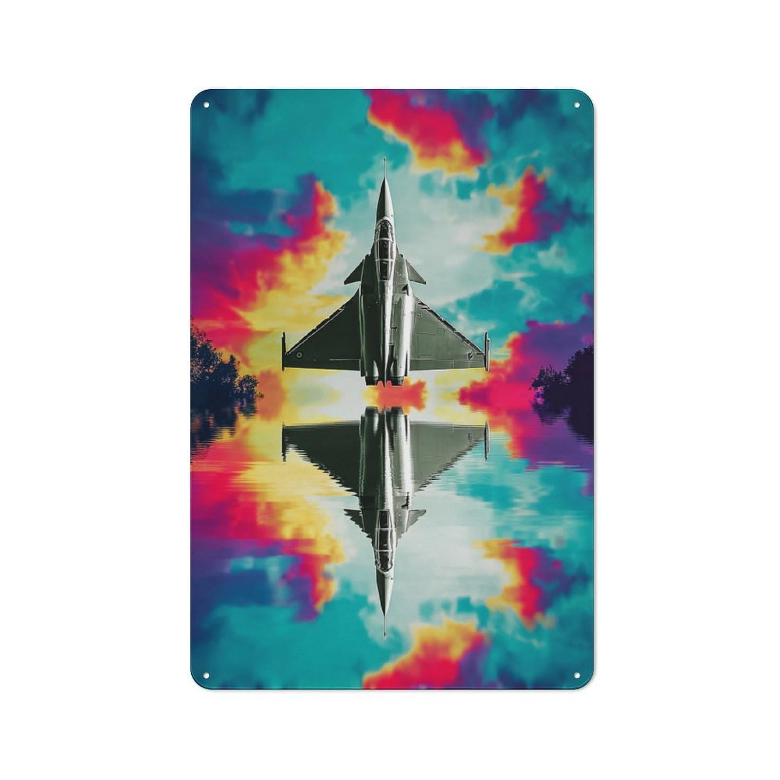 Metal Sign 30x20cm with Mirrored Jet Reflection in Colorful Sky for Pub Or Café, Vintage Decor, New Home Wall Decor for Pub Decor Enthusiasts