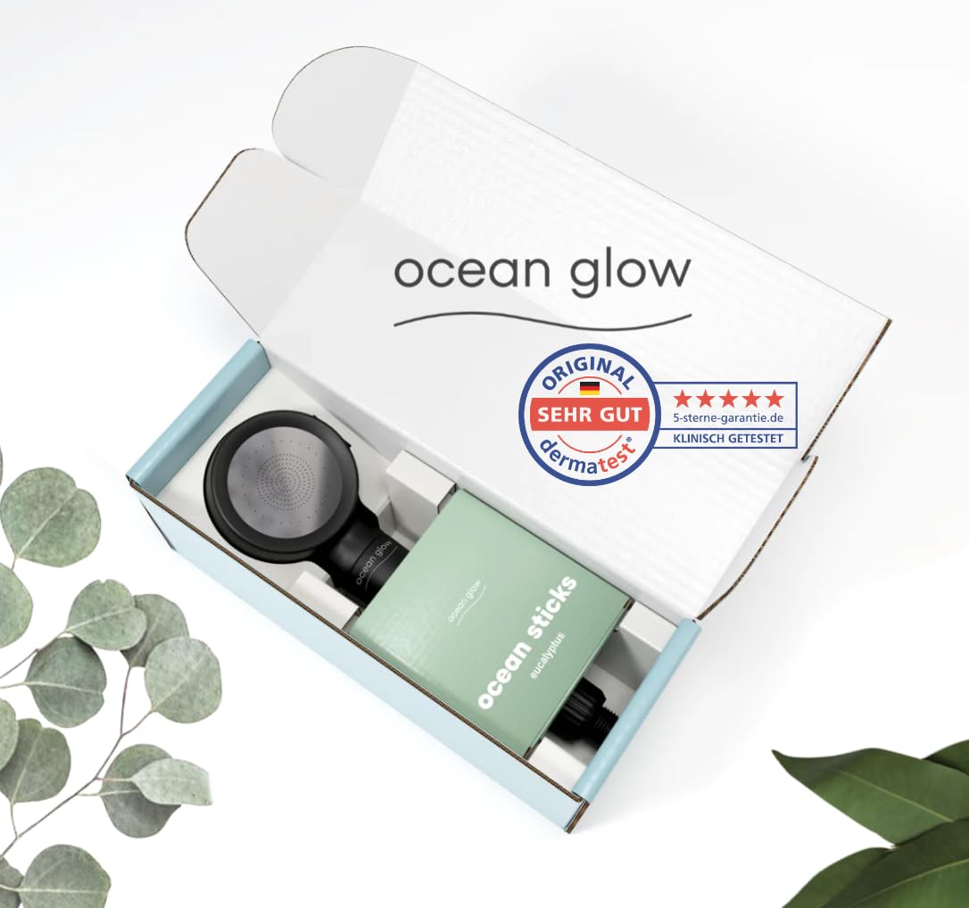 Ocean Glow Set de inicio de ducha de sal | alcachofa de ducha de mano con palos de sal marina natural | agua pura y cuidado de la piel | Ducha de bienestar | Dermatest: "MUY BUEN" (negro, eucalipto)