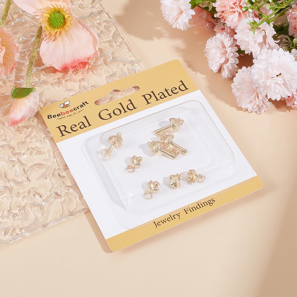 Beebeecraft 1 Box 8Pcs 2 Style Mushroom Pendant Charms 18K Gold Plated Brass 3D Mushroom Charms for Jewelry Making with Jump Ring Necklace Bracelet DIY Crafts