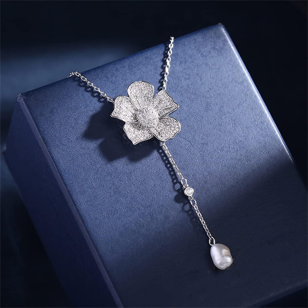 Crystal Flower Drop Y Necklace for Women Cubic Zirconia Diamond Shell Pearl Charms Pendant Choker Chain Adjustable Fashion Shiny Wedding Birthday Anniversary Jewelry Gift Box - Image 4