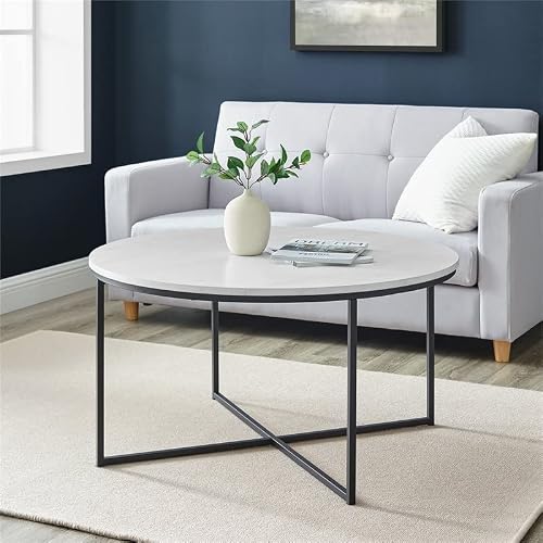 Walker Edison Cora Modern Round Faux Marble Top Coffee Table With X Base, 36 Inch, Marble And Black #TOP1