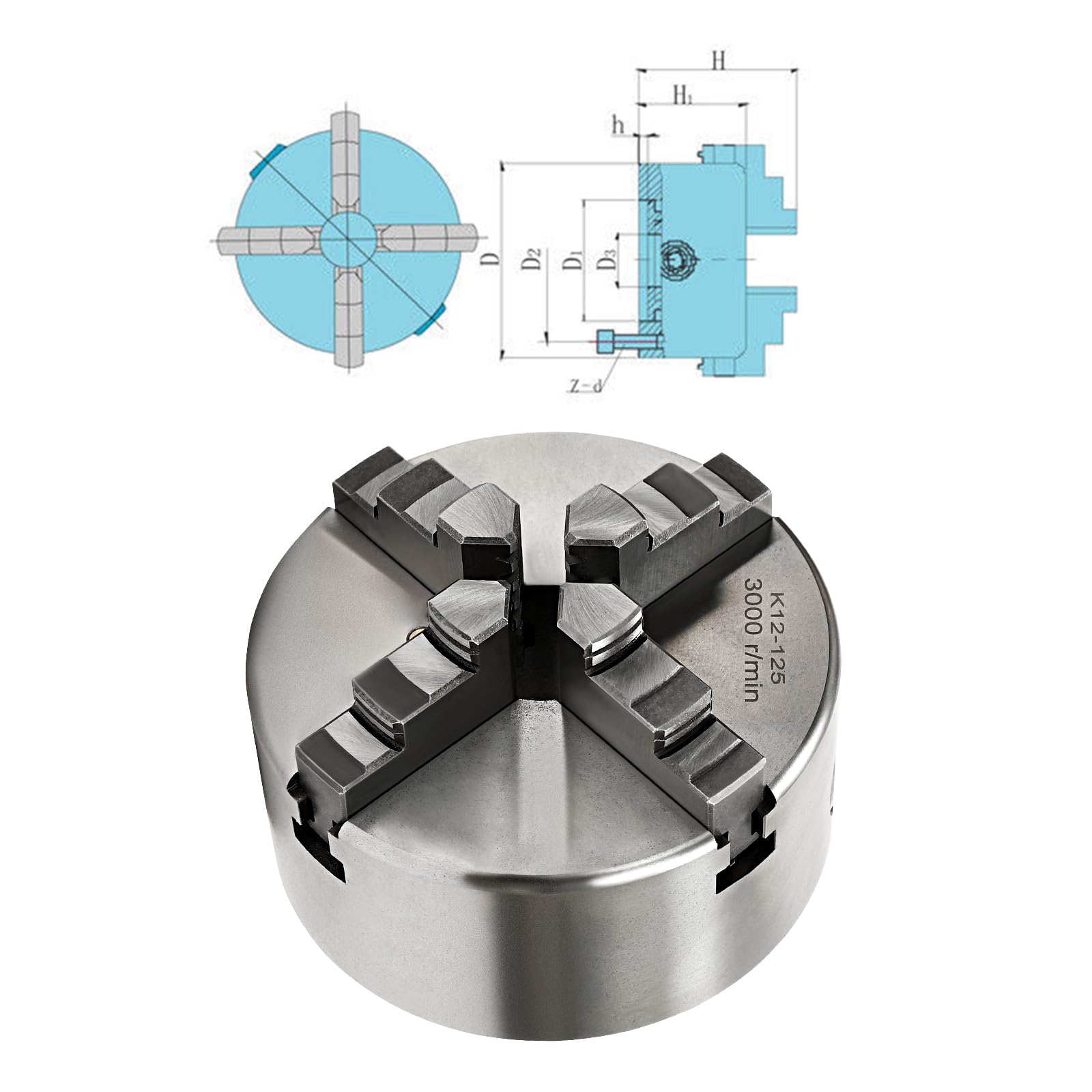 Mandrino a quattro ganasce autocentrante Chuck 4, tornitrice, mandrino trifase Ø 80/100/125 mm, per lavori di fresatura, foratura e tornitura (125 mm)