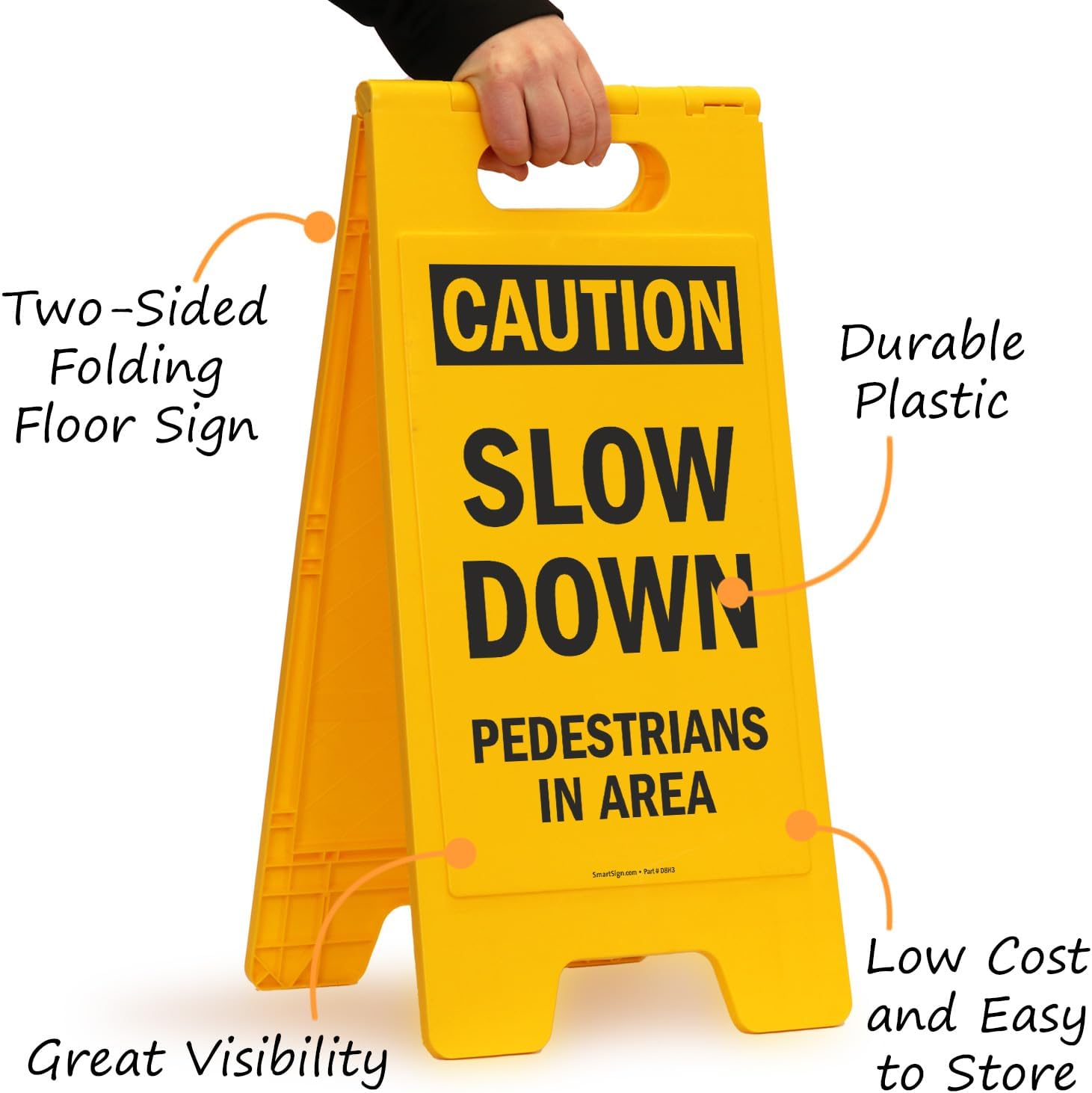 SmartSign - SF-0292-FB-25x12 Caution - Slow Down, Pedestrians In Area Folding Floor Sign By | 25" x 12" Plastic Black on Yellow