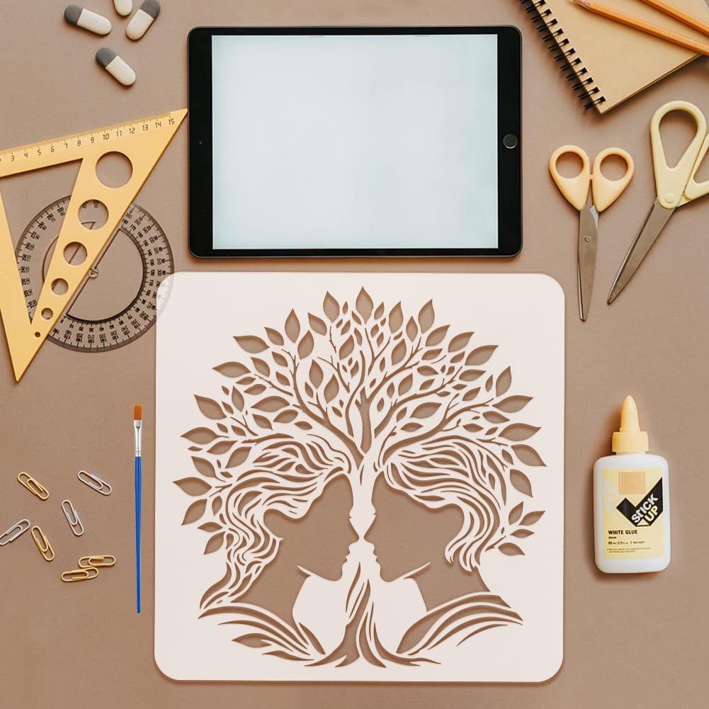 FINGERINSPIRE 4PCS Couple Stencils 11.8x11.8 Inch Lover Tree Painting Stencil Reusable Couple and Tree Templates with a Brush for Wedding Art DIY Canvas Painting Anniversary Home Wall Decor