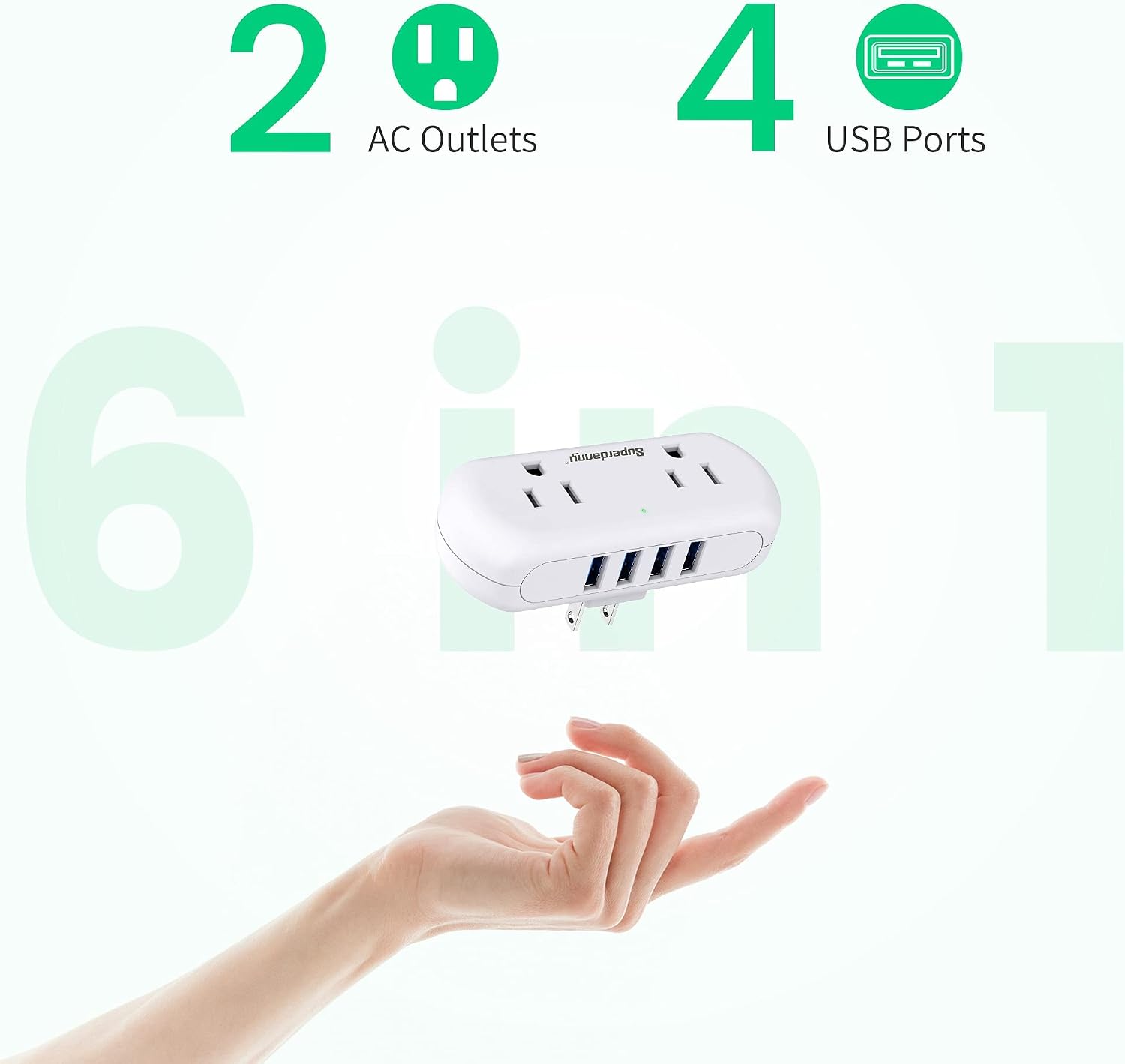 Multi-Plug Outlet Extender, SUPERDANNY 3 Prong to 2 Prong Wall Charger with 2 Wide-Spaced Outlets & 4 USB Ports, Mini Surge Protector Multiple Plug Splitter for Travel, Home, Office, Type A, White