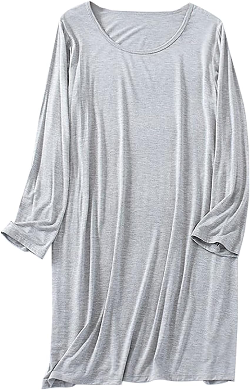 Women Long Sleeve Soft Sleepshirts Crewneck Comfort Nightdress Mid Length Sleepwear Solid Cozy Nightgowns