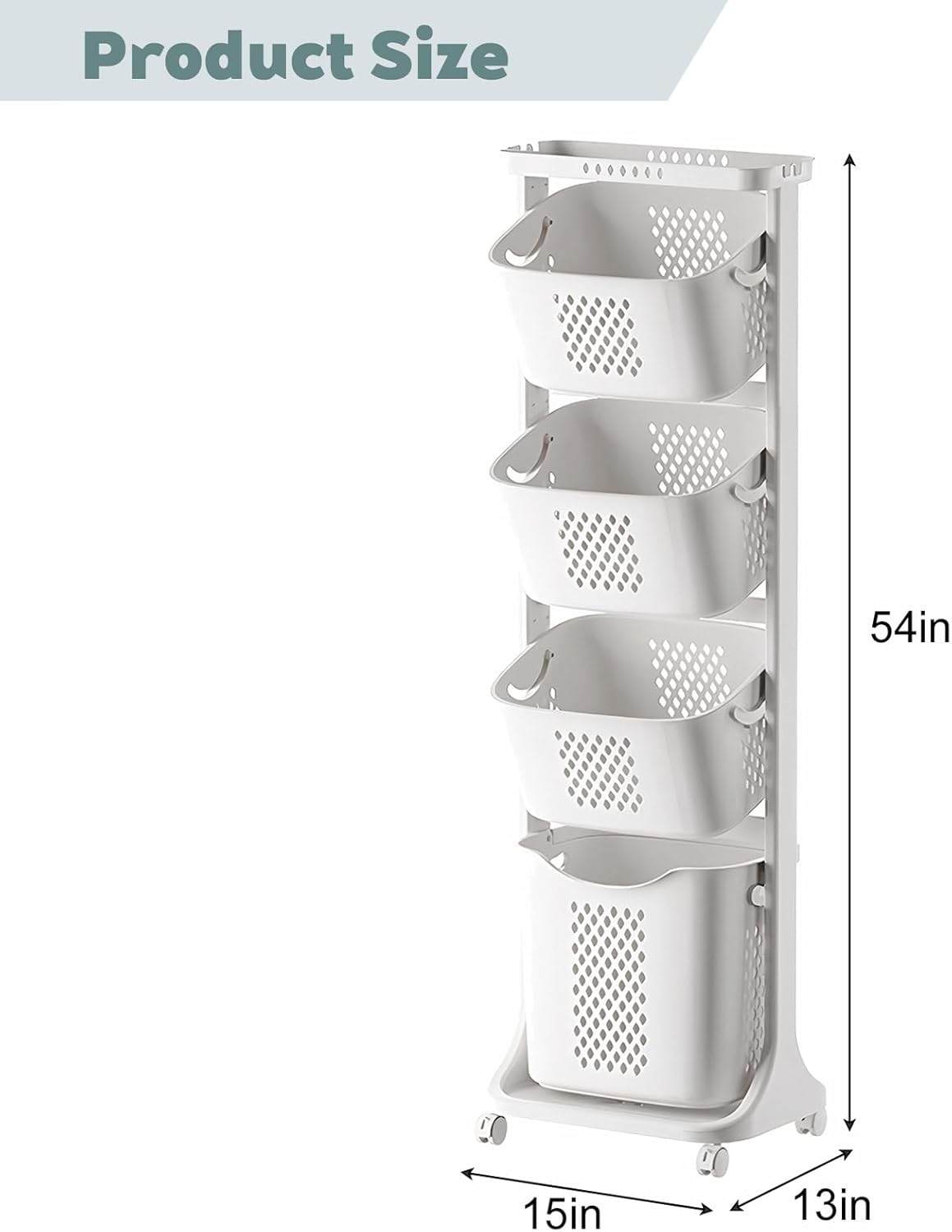 4-Tier Rolling Tiered Laundry Basket Organizer,Vertical Laundry Sorter with Wheels,Stacked Basket Holder for Bathroom & Laundry Room, White (54 Inch)