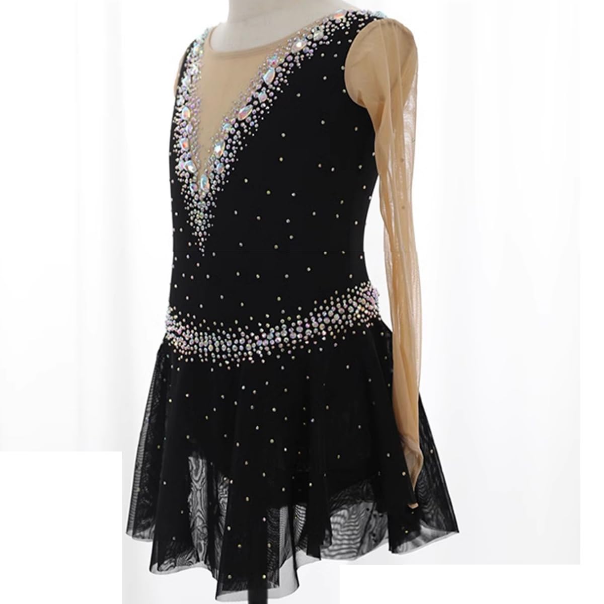purpleq Damen Eiskunstlauf Kleid Schwarz Langarm Professionelle Eiskunstlauf Bekleidung Für Mädchen Kürkleid mit Strass Rollkunstlauf Wettbewerb Tanzanzug Gymnastikanzug