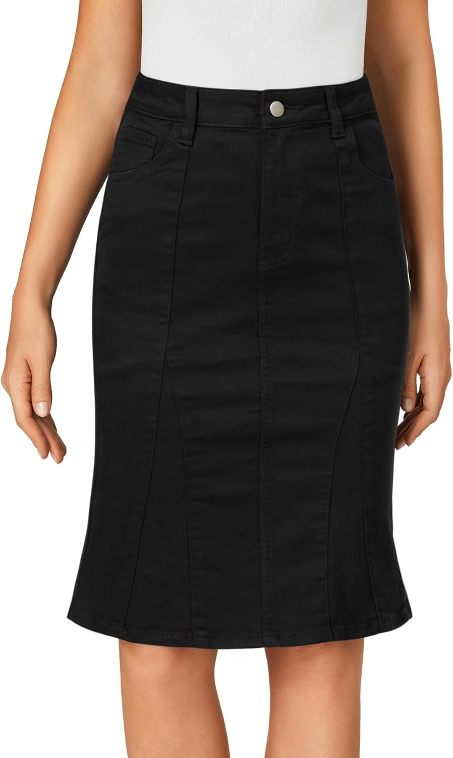 LYANER Women's Denim High Waisted Knee Length Pencil Mermaid Stretch Jean Skirt