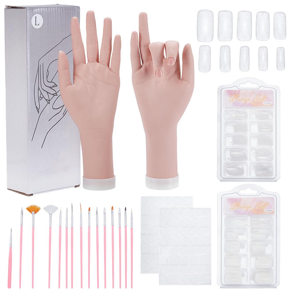 FREEBLOSS Practice Hands Set for Acrylic Nails Includes 2 Resin Mannequin Hands 200pcs Nail Art Practical Tips and 15 Brushes for Fake Nail Hand Art Trainer Manicure Practice Tool