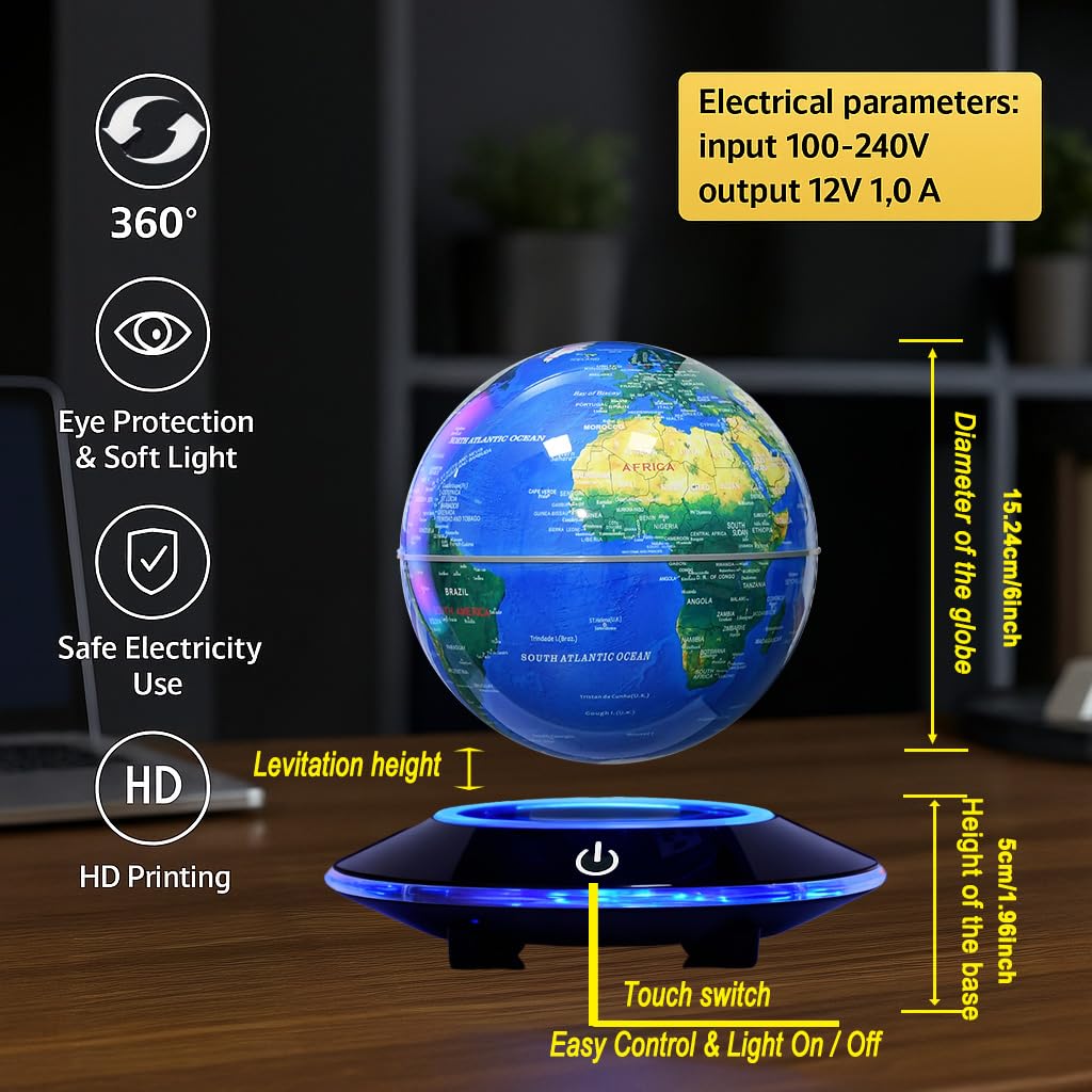Levitating Globe 6"Weltkugel mit Lampe Beleuchtung Perpetuum Mobile,Teenager Jungen Geschenk,Coole Büro-Deko Technik Gadgets für Männer,Einzigartige Geburtstagsgeschenke Weihnachtsgeschenke