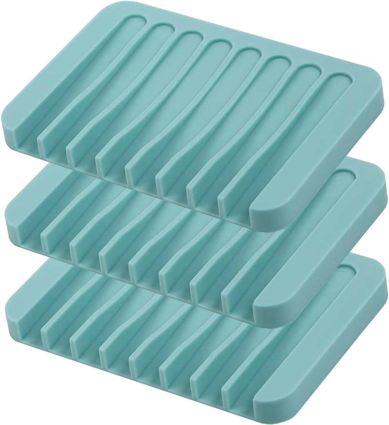 Self Draining Soap Dishes, 3 Pcs Silicone Soap Saver, Waterfall Drainer Soap Holder for Bathroom, Extend Soap Life, Keep Soap Bars Dry Clean & Easy Cleaning (Teal)