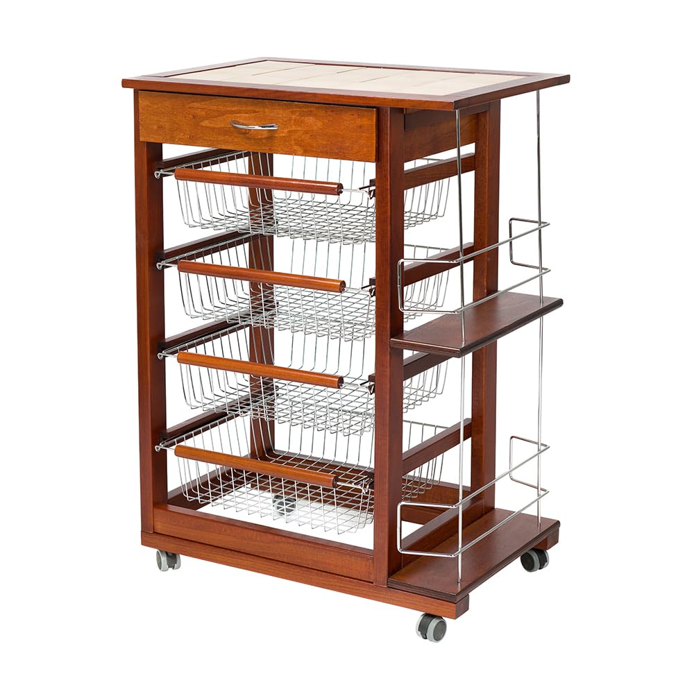 Carrello LANDHELL da cucina con ruote cassetto portafrutta portabottiglie in ferro (Ciliegio)