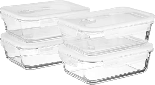 Amazon Brand - Solimo Borosilicate Glass Containers with Air-Vent Lids | Set of 4 | for Kitchen/Tiffin | Rectangle | 1,500...