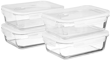 Amazon Brand - Solimo Borosilicate Glass Containers with Air-Vent Lids | Set of 4 | for Kitchen/Tiffin | Rectangle | 1,500 ml Each | Transparent