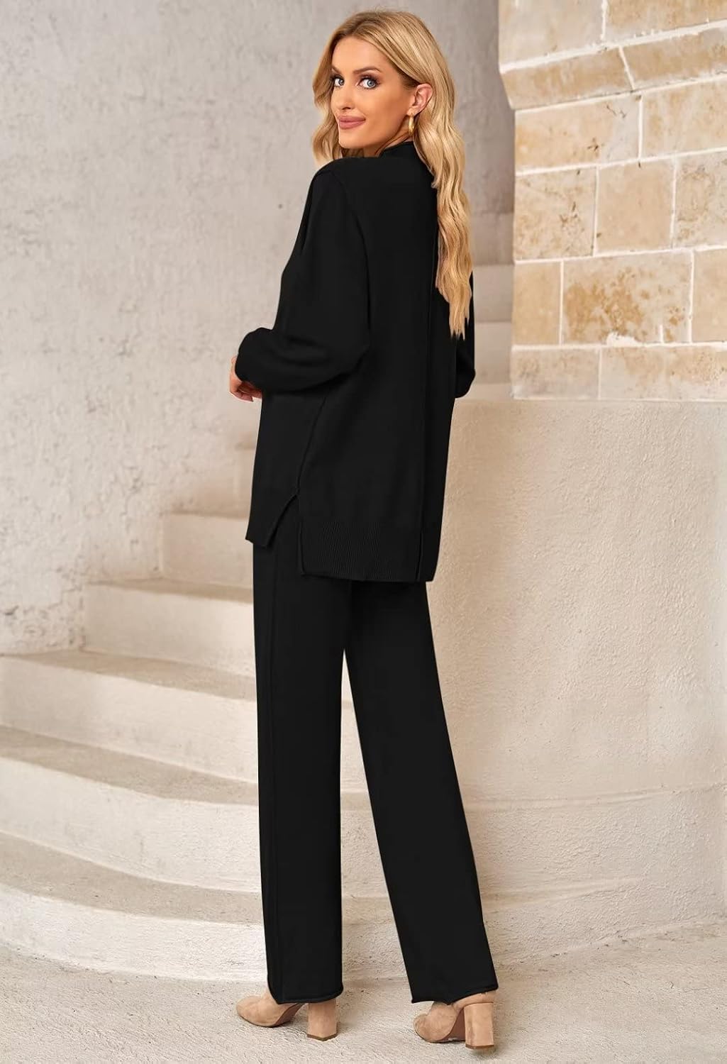Linsery Women 2 Piece Outfits High Neck Knitted Sweater Wide Leg Pant Sweatsuit Lounge Sets