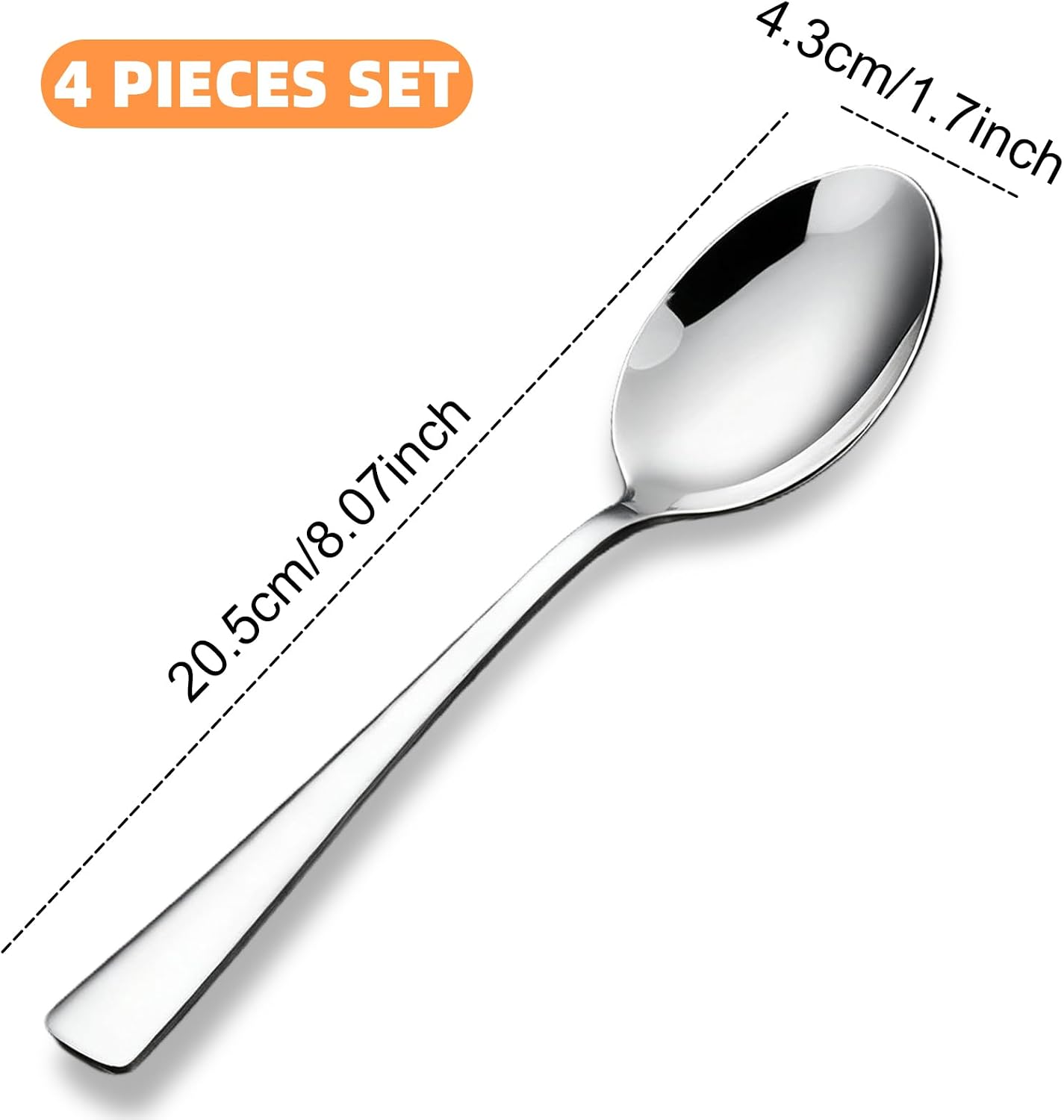 4-Piece Soup Spoons Set, 8.26" Stainless Steel Large Dinner Spoon with 5.5" Long Handle for Soup, Cereal, Dessert, Serving, Dishwasher Safe