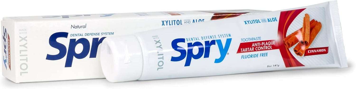 Spry Xylitol Toothpaste 5oz, Fluoride Free Toothpaste Adult and Kids, Teeth Whitening Toothpaste with Xylitol, Natural Breath Freshening, Mouth Moisturizing Ingredients, Cinnamon (Pack of 1)