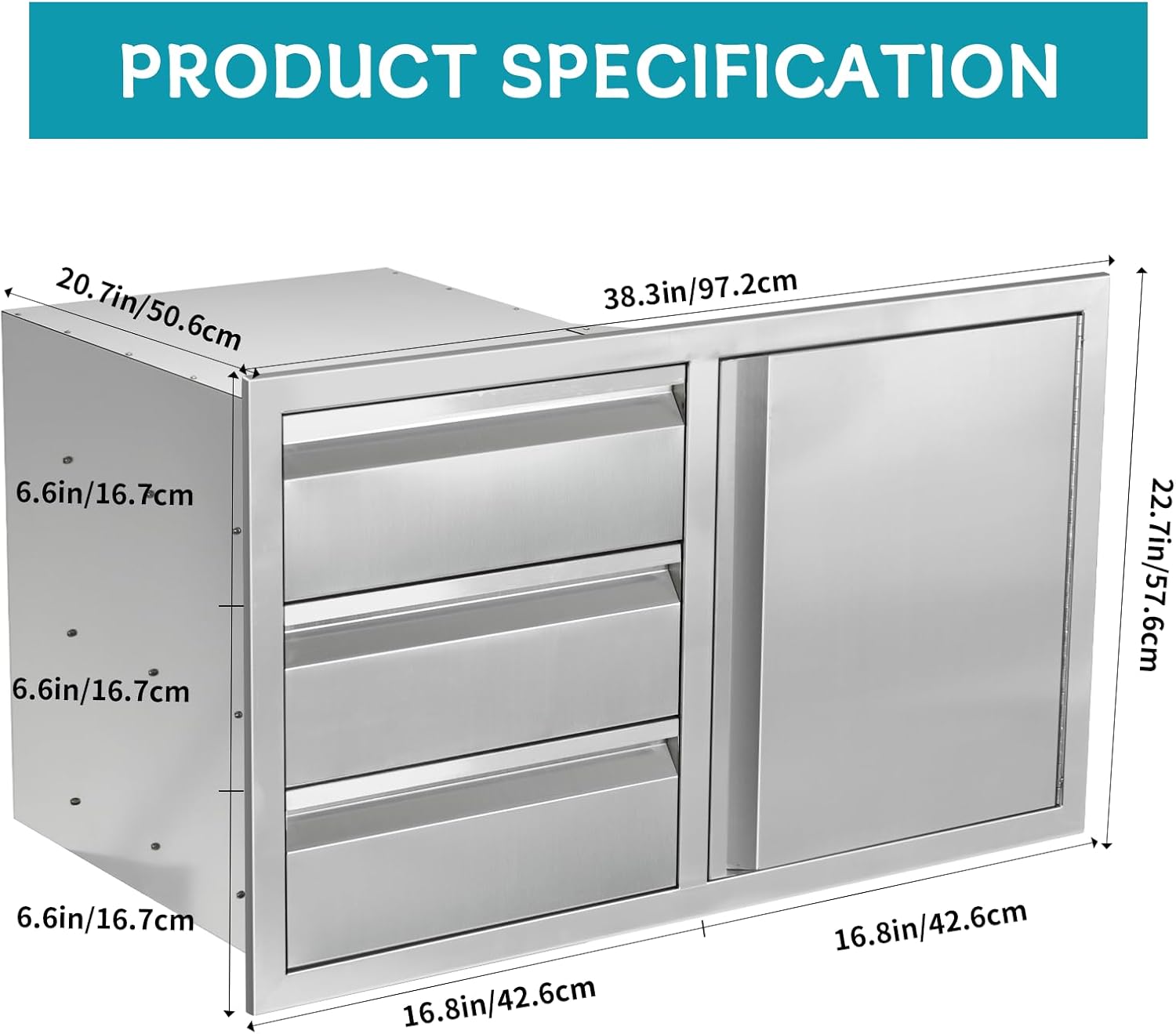 Outdoor Kitchen Door Drawer Combo Cabinet,38.1W x 22.6H x 20.8D Stainless Steel with Handles,Triple Drawers & BBQ Access Combo for Outdoor Kitchen Island (Drawer and Right Door Combo)