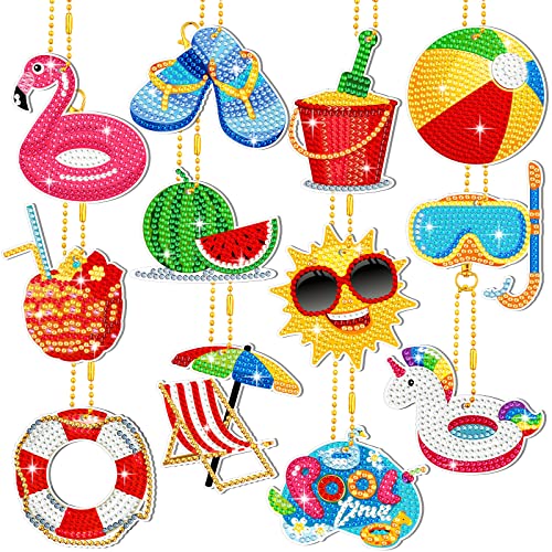 Image of 12 Pieces Summer Diamond Painting Keychain 5D DIY Diamond Painting Kit Summer Hanging Diamond Art Kits Diamond Art Summer Ornaments for Kids Summer Crafts Family Decor (Summer Style)