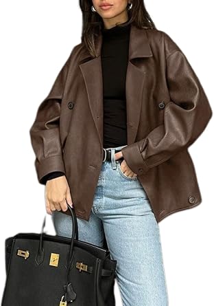 ksotutm Trendy Leather Jacket for Women Bomber Jacket with Blazer Collar Motorcycle Jacket Fall Jackets