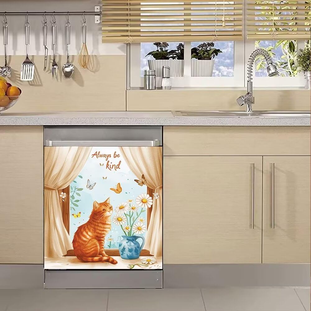 Cute Cat Dishwasher Cover Front Door Magnetic Sticker, Flower and Butterflies Kitchen Dish Washer Magnet Panel Fridge Magnets Home Appliance Vinyl Decal 23x26inch