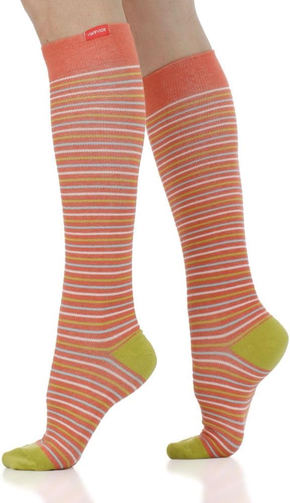 VIM & VIGR Cotton 15-20 mmHg Graduated Compression Socks (Rust & Chartreuse Pinstripe, Large/X-Large Wide Calf (6))